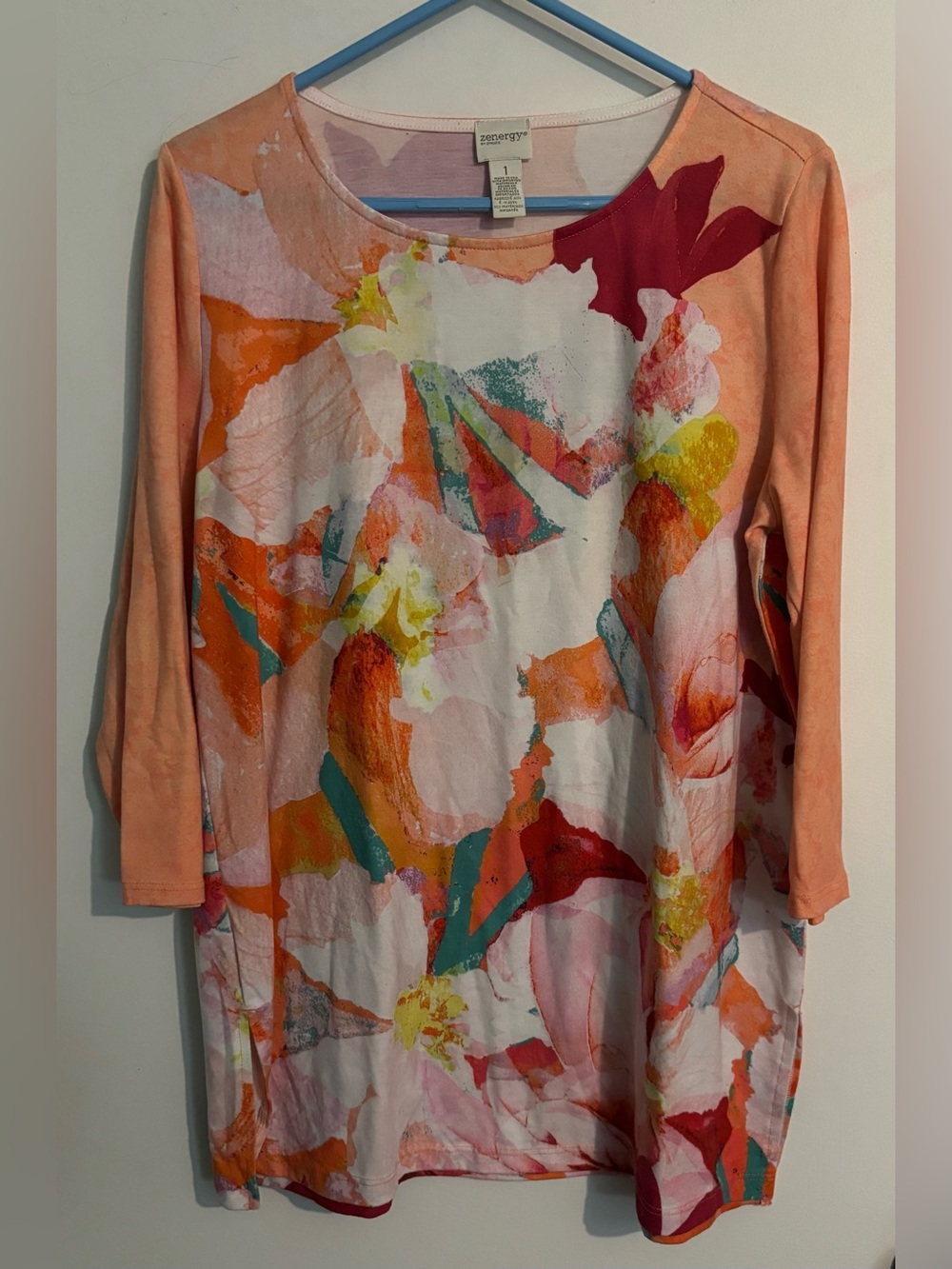Zenergy by Chico's Sz 1 (Small) 3/4 Sleeve Peach Red White Aqua Abstract Floral